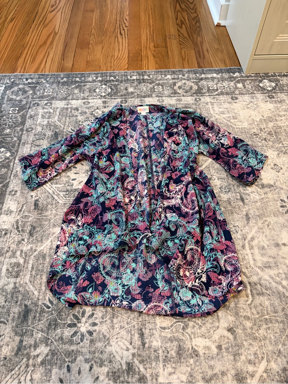 LuLaRoe Navy Floral Swirl Open Cardigan with Teal & Pink Accents